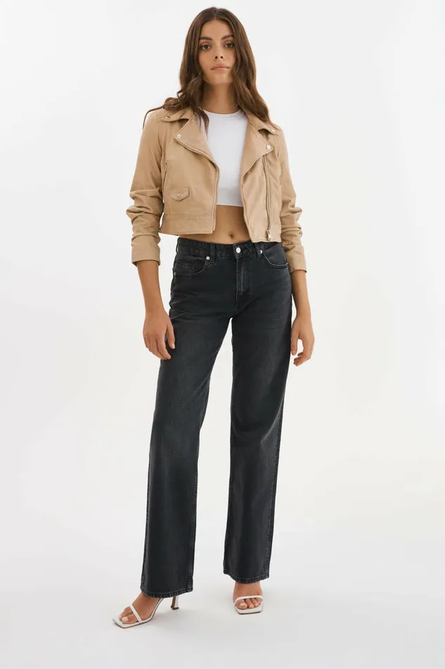 Janika Cropped Leather Biker Jacket Wheat Women Lamarque LEATHER JACKETS