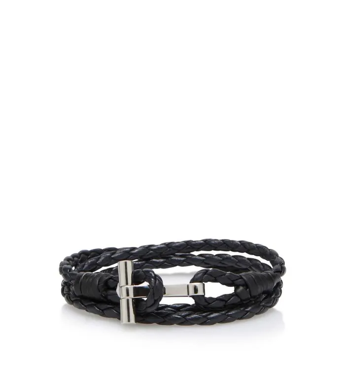Jewelry Men TOM FORD BRAIDED LEATHER T BRACELET Black