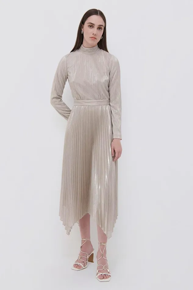 Jonathan Simkhai Lydia Plisse Lame Midi Dress EXCLUSIVE Champagne Women Dresses and Jumpsuits