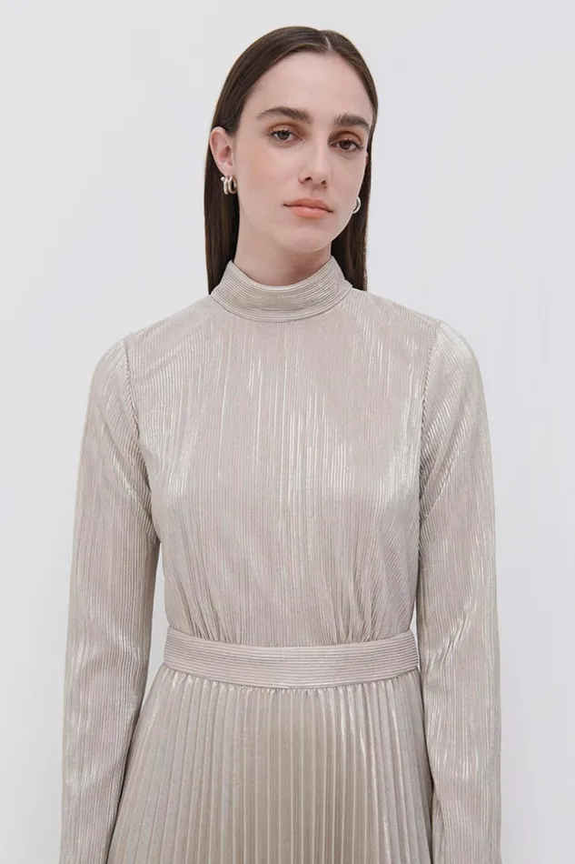 Jonathan Simkhai Lydia Plisse Lame Midi Dress EXCLUSIVE Champagne Women Dresses and Jumpsuits