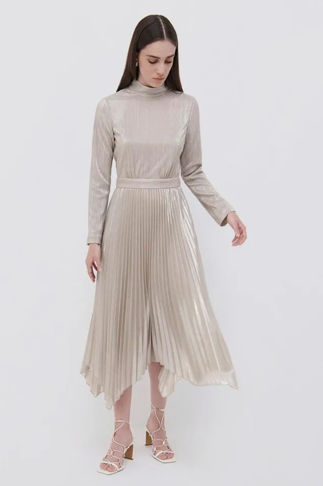 Jonathan Simkhai Lydia Plisse Lame Midi Dress EXCLUSIVE Champagne Women Dresses and Jumpsuits