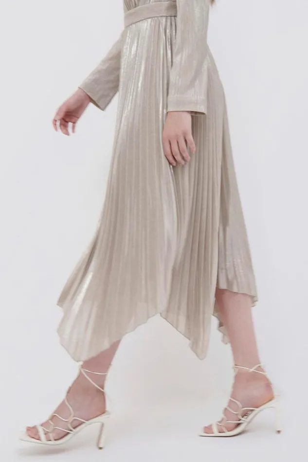 Jonathan Simkhai Lydia Plisse Lame Midi Dress EXCLUSIVE Champagne Women Dresses and Jumpsuits