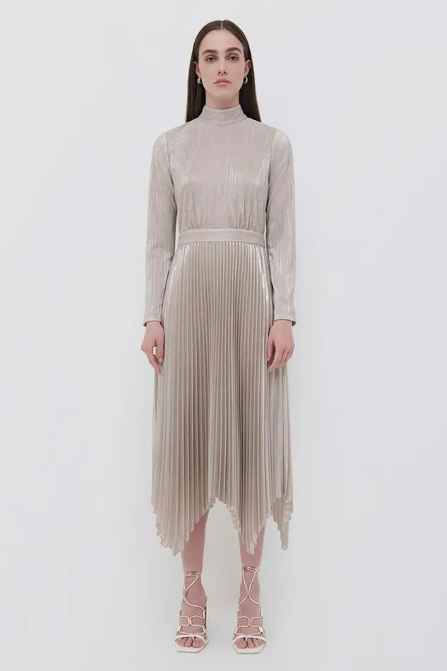 Jonathan Simkhai Lydia Plisse Lame Midi Dress EXCLUSIVE Champagne Women Dresses and Jumpsuits