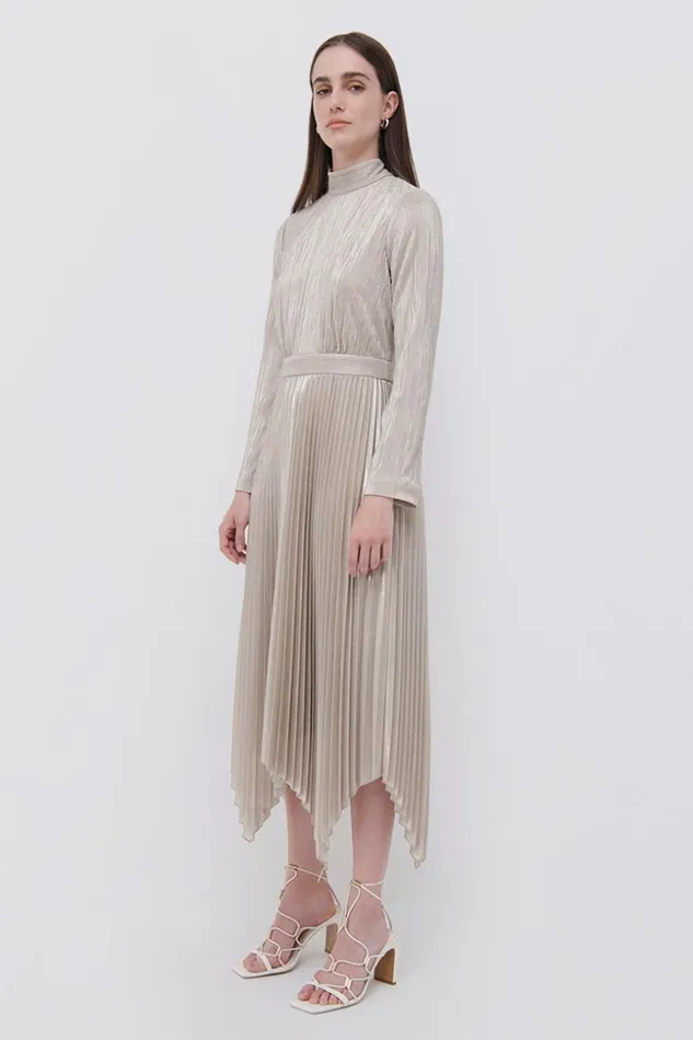 Jonathan Simkhai Lydia Plisse Lame Midi Dress EXCLUSIVE Champagne Women Dresses and Jumpsuits