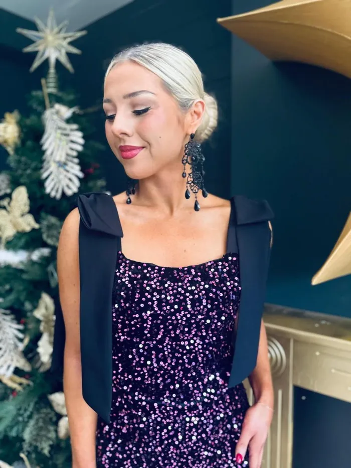 Jude Bow Detail Sequin Mini Dress Purple Womens Canella Lane Evening Dress