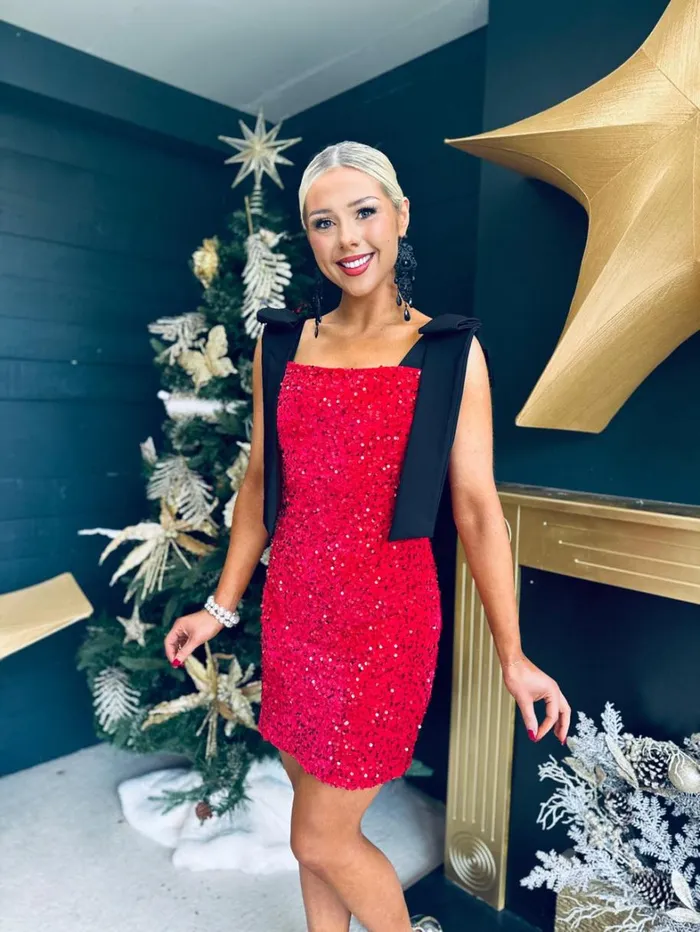 Jude Bow Detail Sequin Mini Dress Red Womens Canella Lane Evening Dress