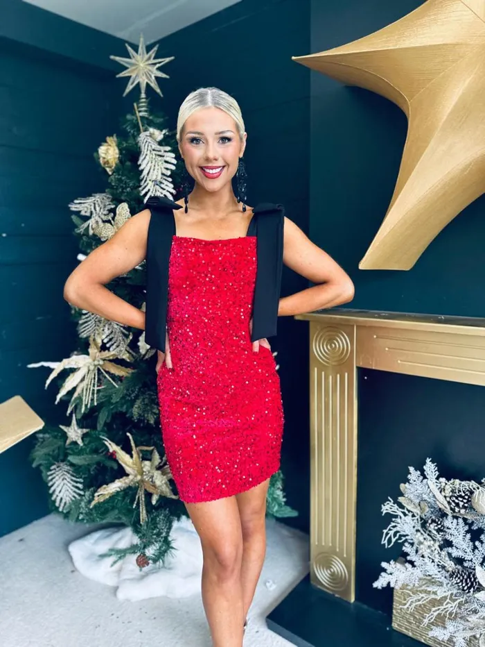 Jude Bow Detail Sequin Mini Dress Red Womens Canella Lane Evening Dress