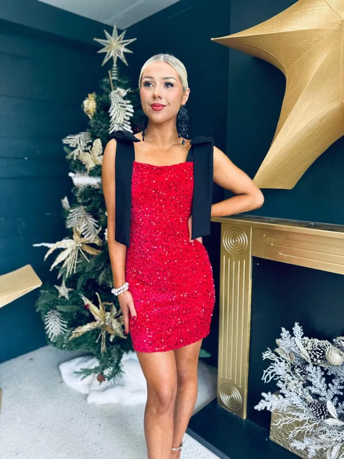 Jude Bow Detail Sequin Mini Dress Red Womens Canella Lane Evening Dress