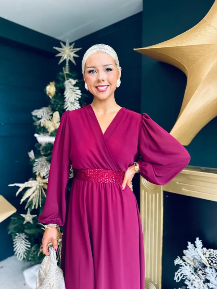 Julia Sequin Banded Midi Dress Burgundy Womens Canella Lane Evening Dress