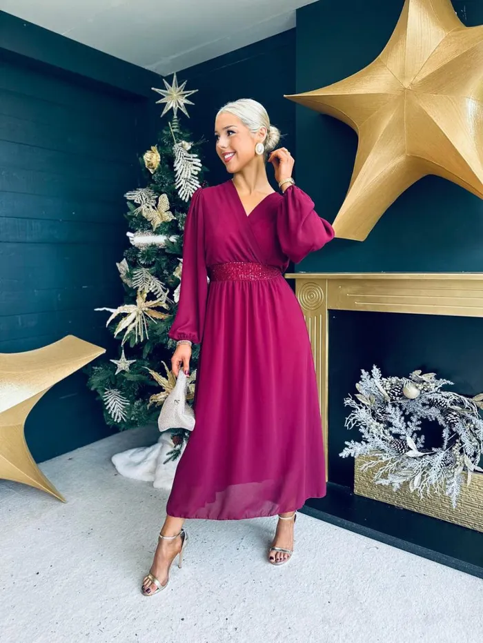 Julia Sequin Banded Midi Dress Burgundy Womens Canella Lane Evening Dress