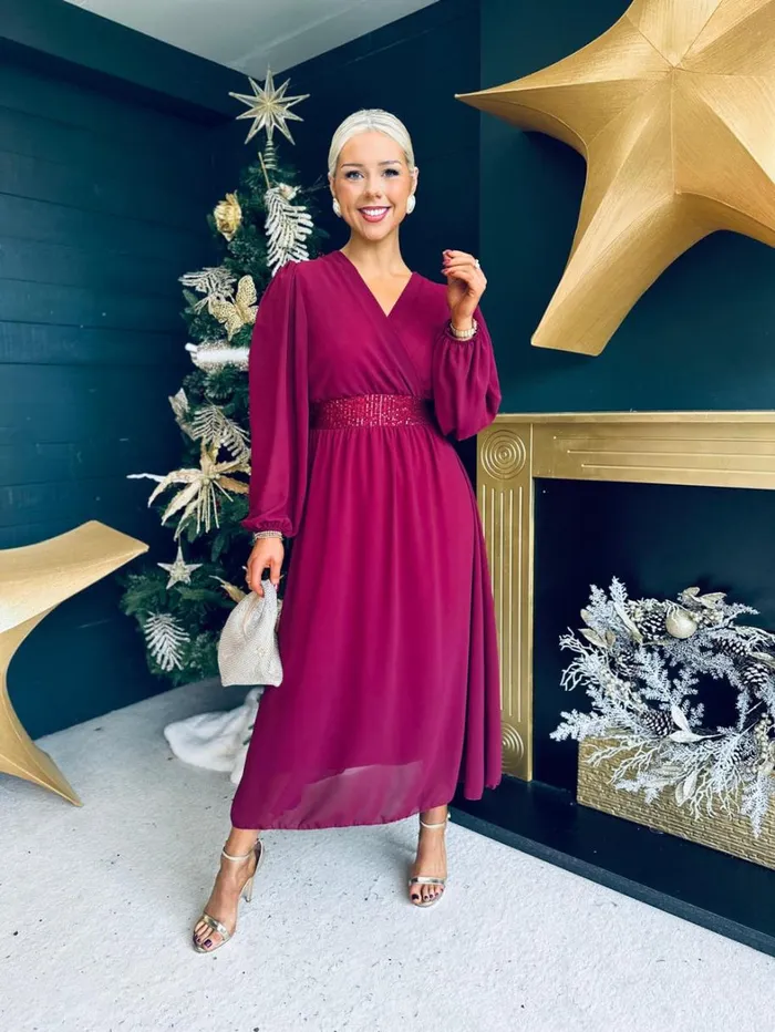 Julia Sequin Banded Midi Dress Burgundy Womens Canella Lane Evening Dress