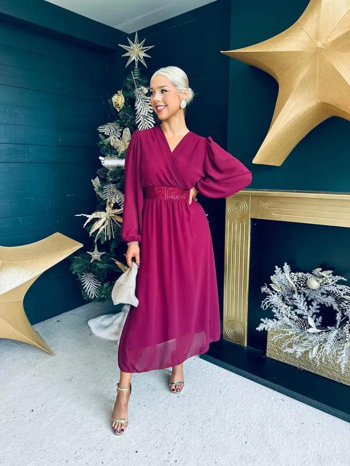 Julia Sequin Banded Midi Dress Burgundy Womens Canella Lane Evening Dress