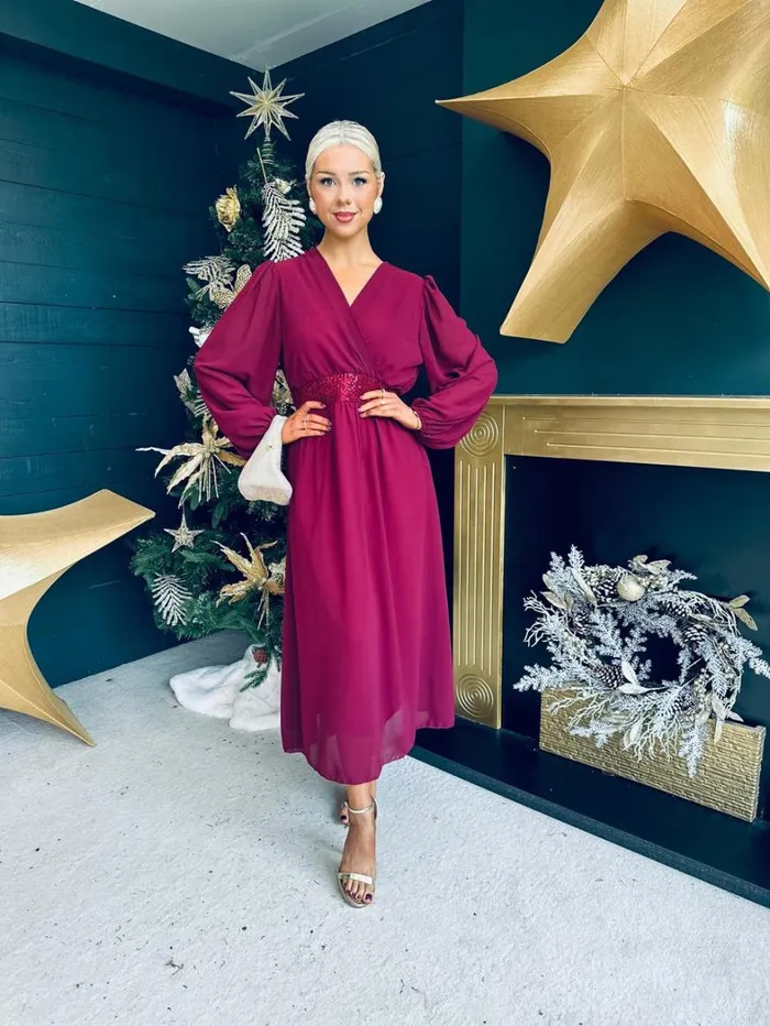Julia Sequin Banded Midi Dress Burgundy Womens Canella Lane Evening Dress