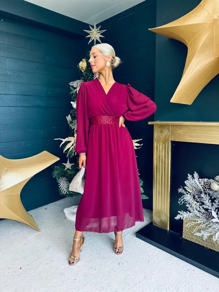 Julia Sequin Banded Midi Dress Burgundy Womens Canella Lane Evening Dress