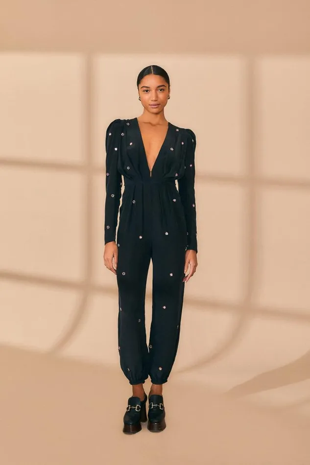 Jumpsuits Women FARM Rio Black Mirror Embroidered Jumpsuit