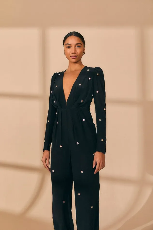 Jumpsuits Women FARM Rio Black Mirror Embroidered Jumpsuit