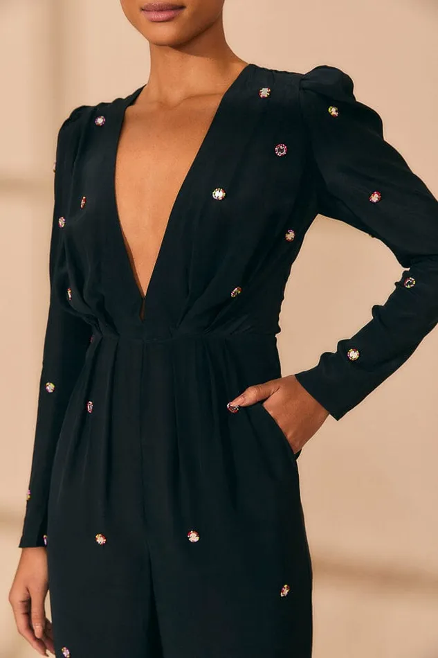 Jumpsuits Women FARM Rio Black Mirror Embroidered Jumpsuit