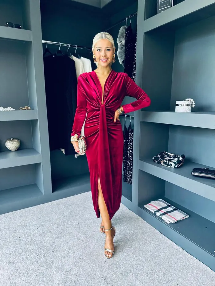 Kelly Velvet Drape Detail Dress Wine Womens Canella Lane Maxi