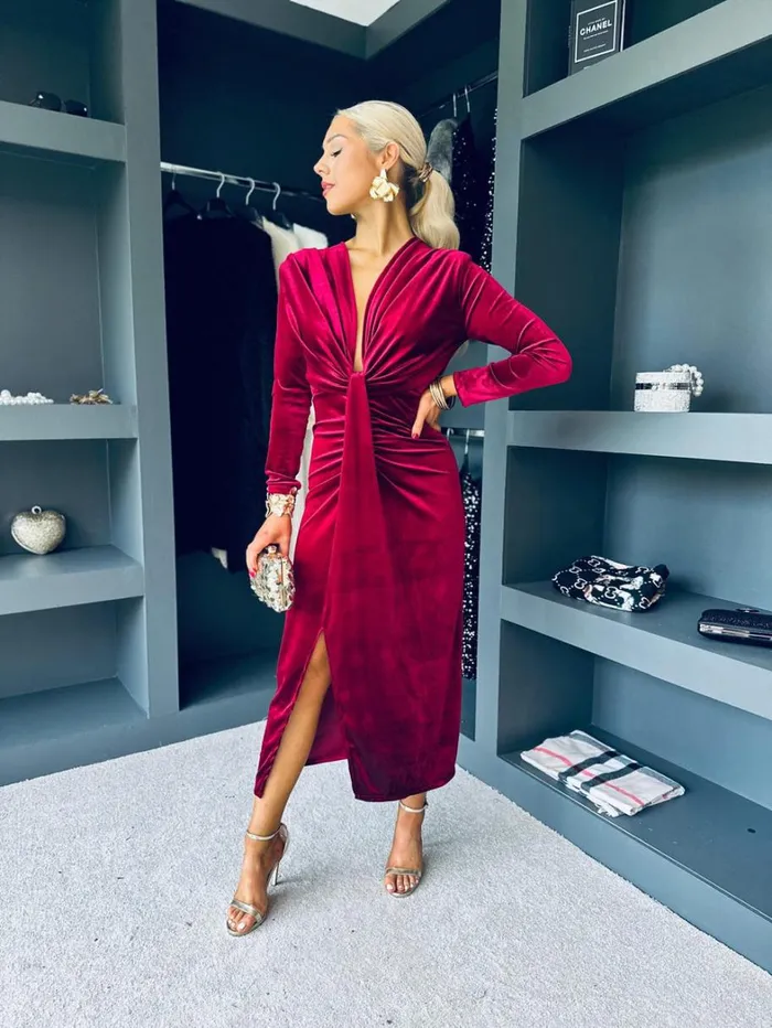 Kelly Velvet Drape Detail Dress Wine Womens Canella Lane Maxi