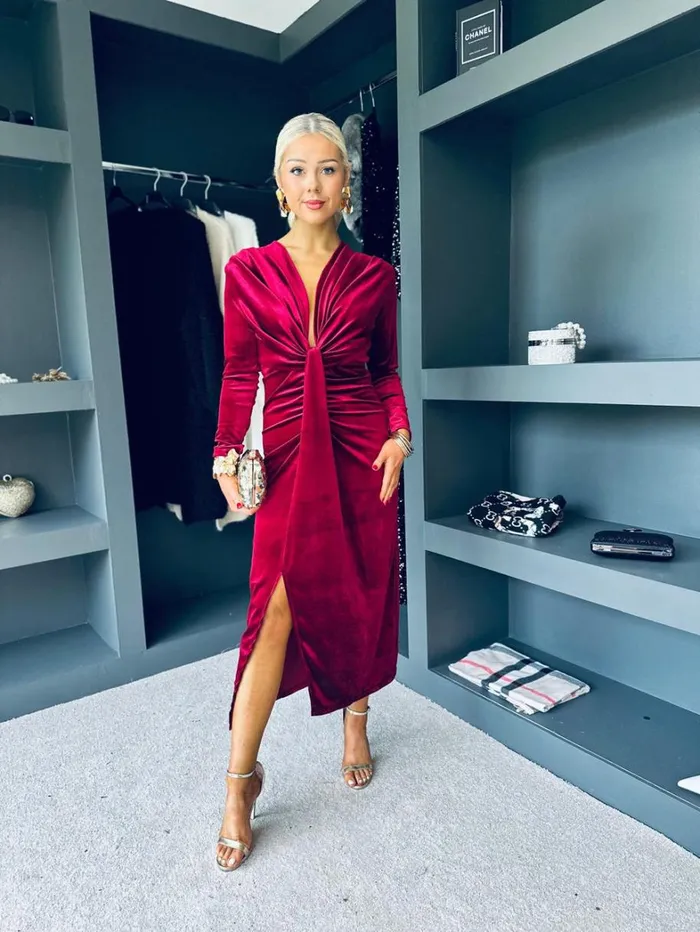 Kelly Velvet Drape Detail Dress Wine Womens Canella Lane Maxi