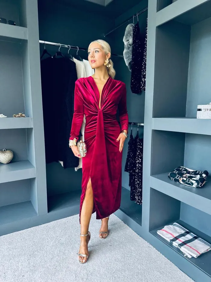 Kelly Velvet Drape Detail Dress Wine Womens Canella Lane Maxi