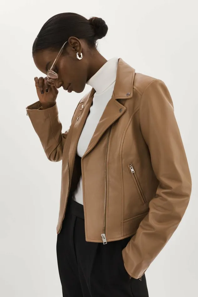 Kelsey Leather Biker Jacket Mocha Women Lamarque LEATHER JACKETS