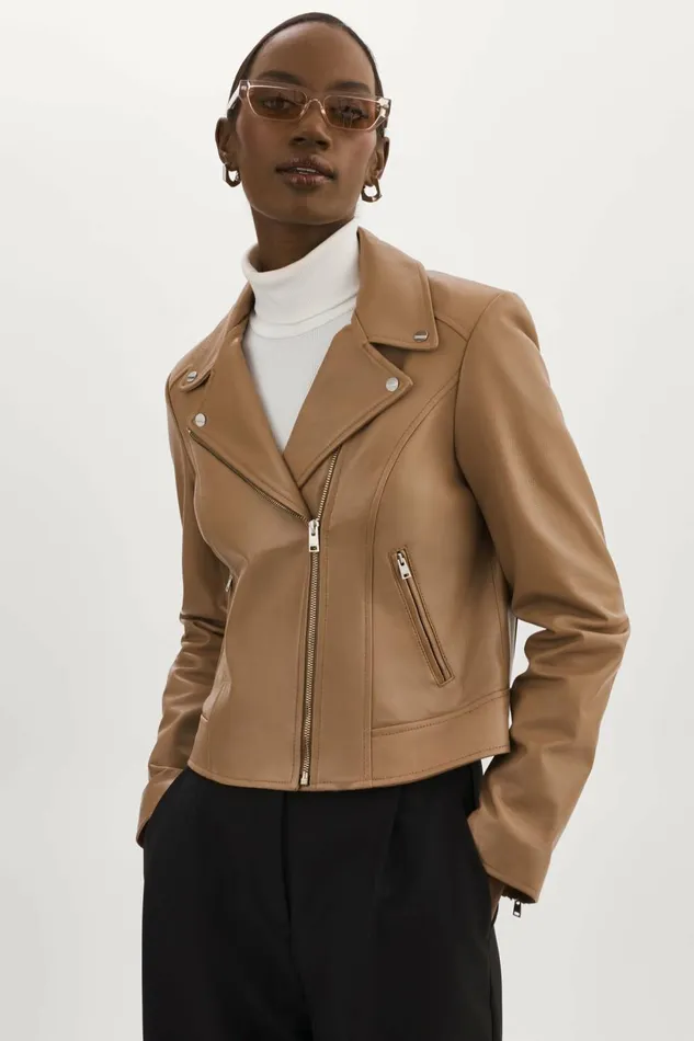Kelsey Leather Biker Jacket Mocha Women Lamarque LEATHER JACKETS