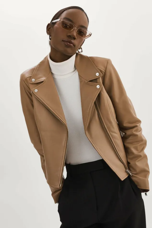 Kelsey Leather Biker Jacket Mocha Women Lamarque LEATHER JACKETS