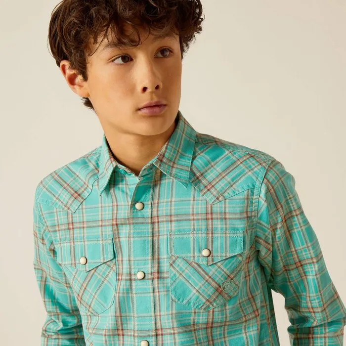 Kids Hudsyn Retro Fit Shirt Blue Turquoise Ariat Button Down Shirts Kids Hudsyn Retro Fit Shirt Blue Turquoise Ariat Button Down Shirts