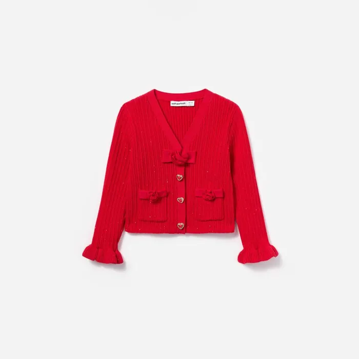 Kids Red Ribbed Knit Cardigan Self Portrait