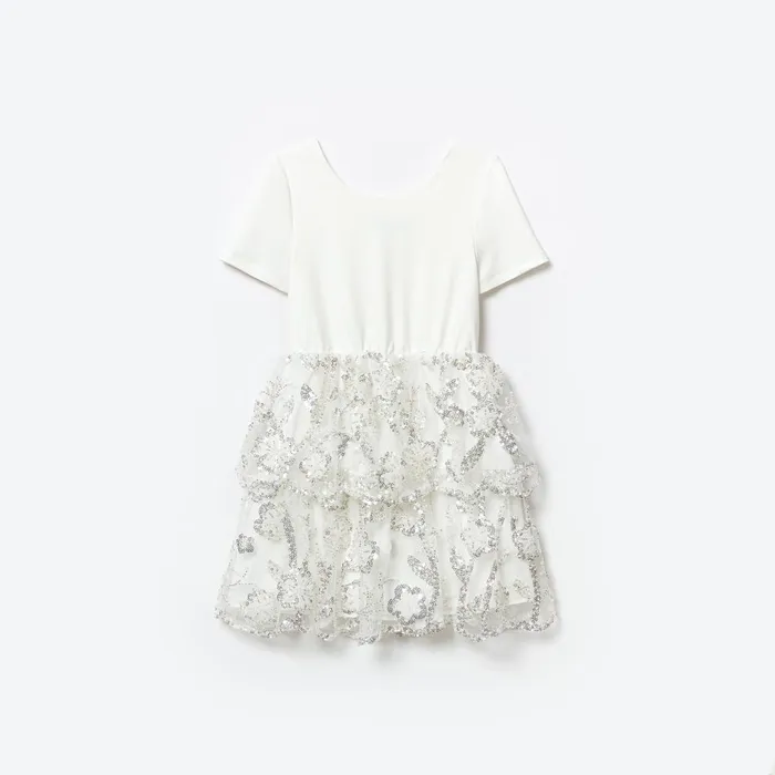 Kids White Jersey Sequin Tulle Mini Dress Self Portrait