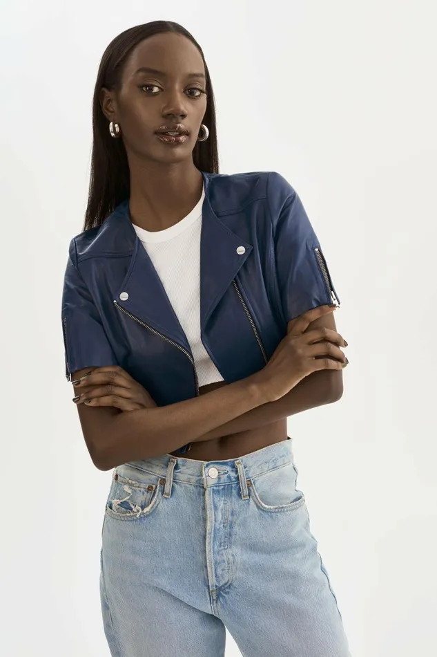 Kirsi Cropped Biker Jacket Aegean Blue Women Lamarque LEATHER JACKETS