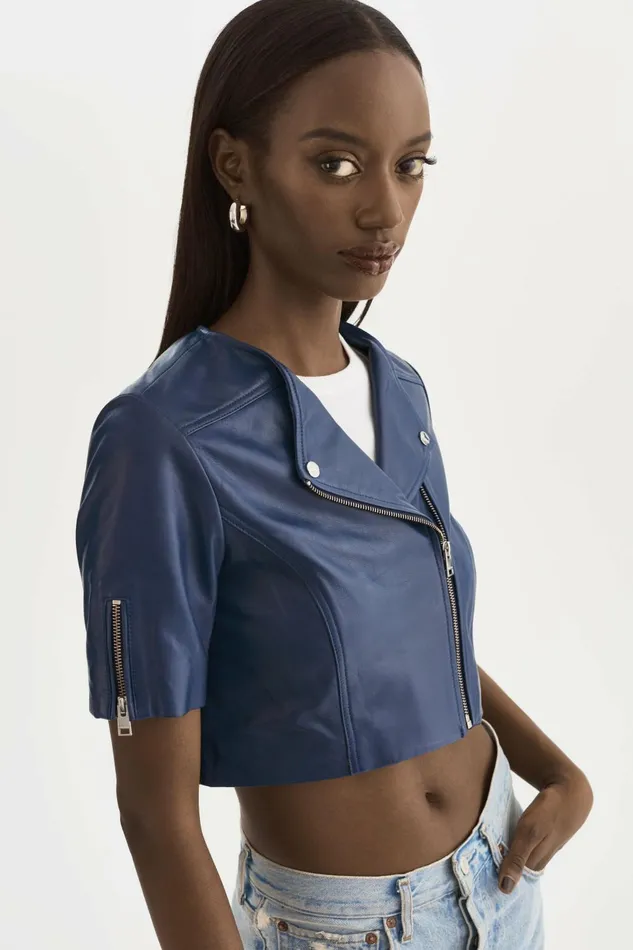 Kirsi Cropped Biker Jacket Aegean Blue Women Lamarque LEATHER JACKETS