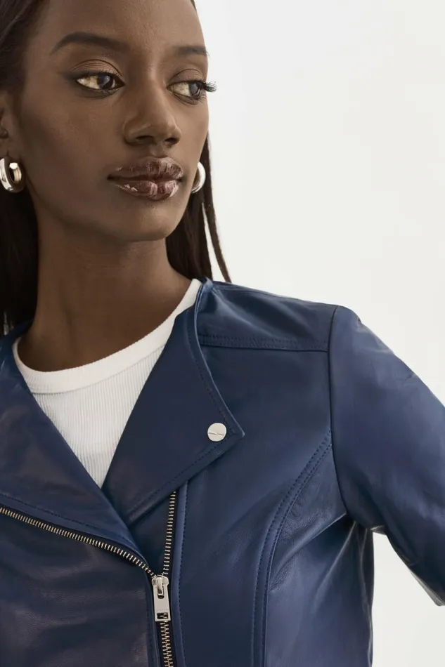 Kirsi Cropped Biker Jacket Aegean Blue Women Lamarque LEATHER JACKETS