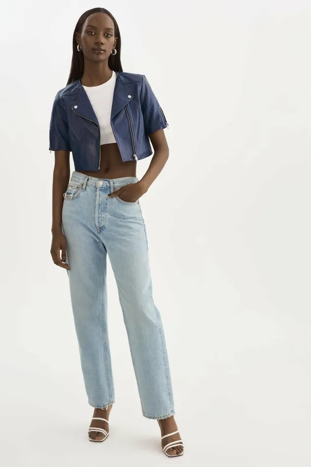 Kirsi Cropped Biker Jacket Aegean Blue Women Lamarque LEATHER JACKETS