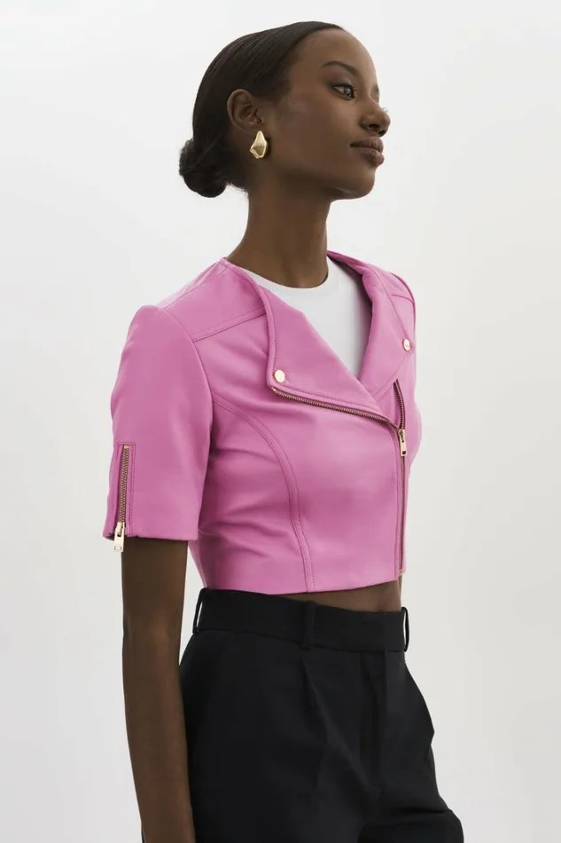 Kirsi Gold Cropped Biker Jacket Bodacious Pink Women Lamarque LEATHER JACKETS