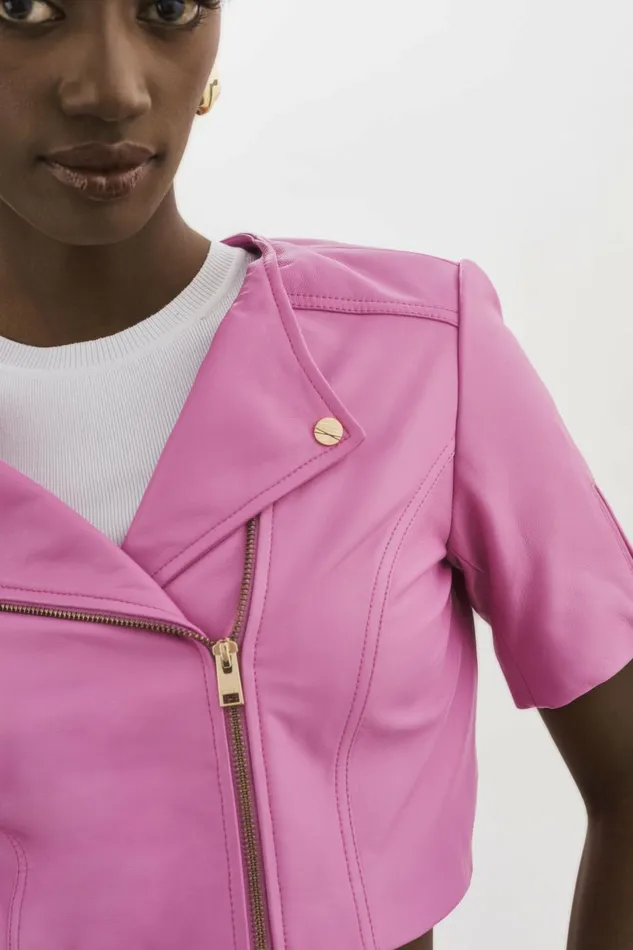 Kirsi Gold Cropped Biker Jacket Bodacious Pink Women Lamarque LEATHER JACKETS