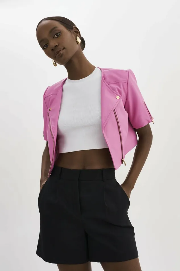 Kirsi Gold Cropped Biker Jacket Bodacious Pink Women Lamarque LEATHER JACKETS
