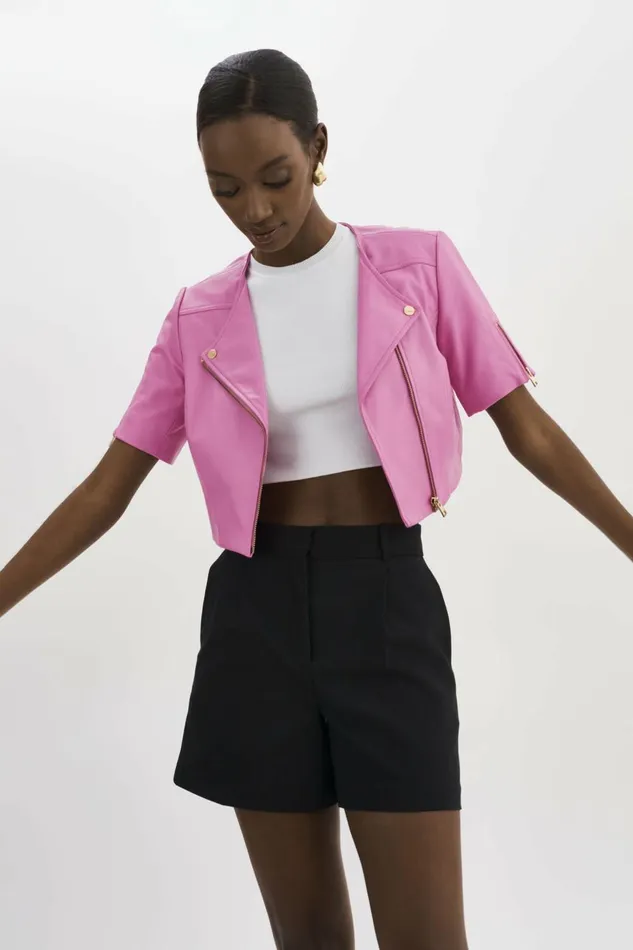 Kirsi Gold Cropped Biker Jacket Bodacious Pink Women Lamarque LEATHER JACKETS