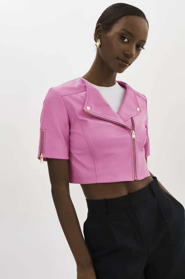 Kirsi Gold Cropped Biker Jacket Bodacious Pink Women Lamarque LEATHER JACKETS