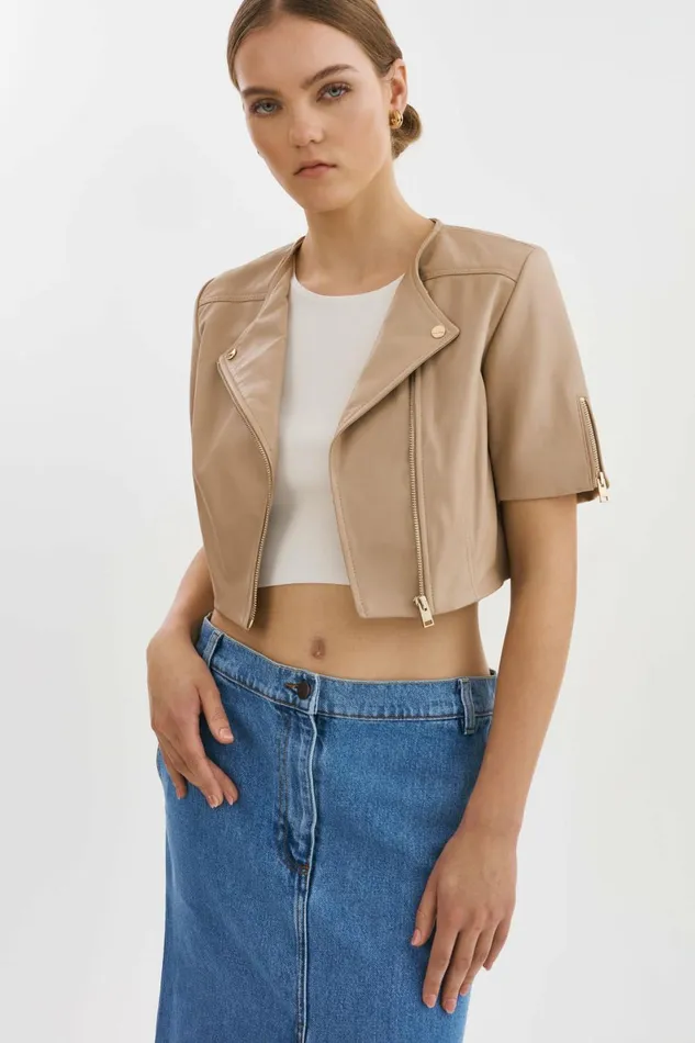 Kirsi Gold Cropped Biker Jacket Wheat Women Lamarque LEATHER JACKETS