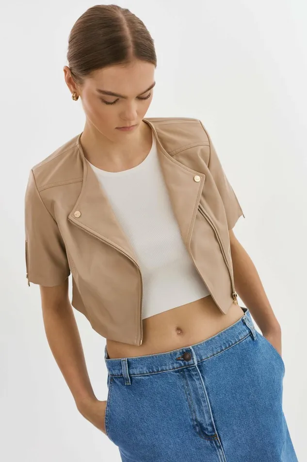 Kirsi Gold Cropped Biker Jacket Wheat Women Lamarque LEATHER JACKETS