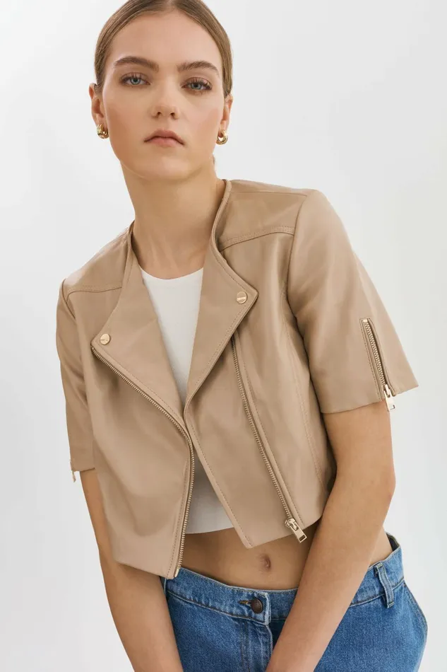 Kirsi Gold Cropped Biker Jacket Wheat Women Lamarque LEATHER JACKETS