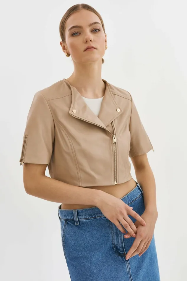 Kirsi Gold Cropped Biker Jacket Wheat Women Lamarque LEATHER JACKETS