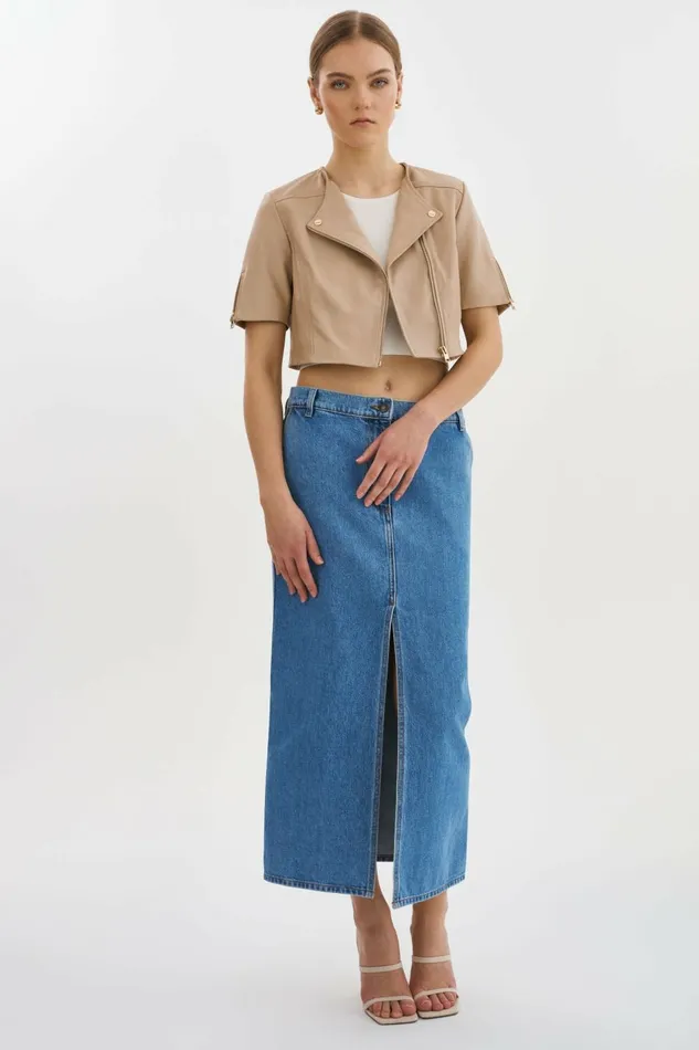 Kirsi Gold Cropped Biker Jacket Wheat Women Lamarque LEATHER JACKETS