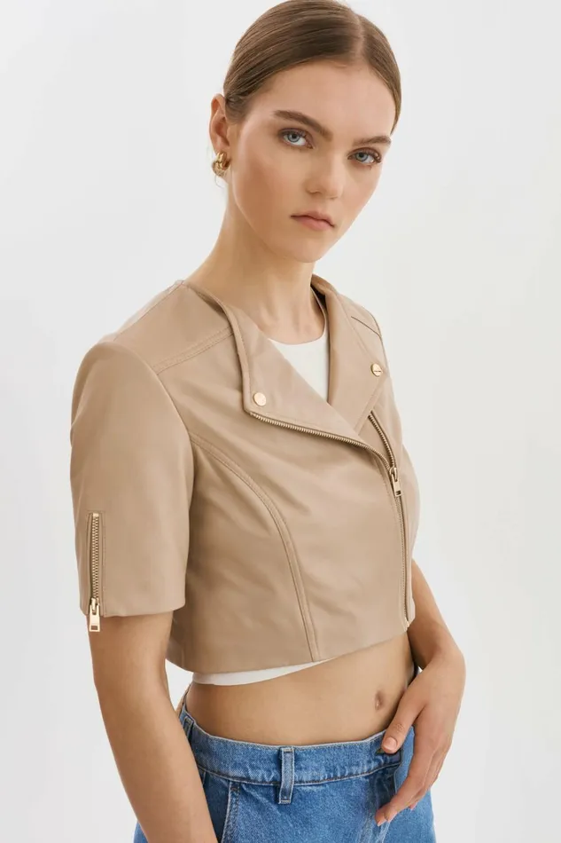 Kirsi Gold Cropped Biker Jacket Wheat Women Lamarque LEATHER JACKETS