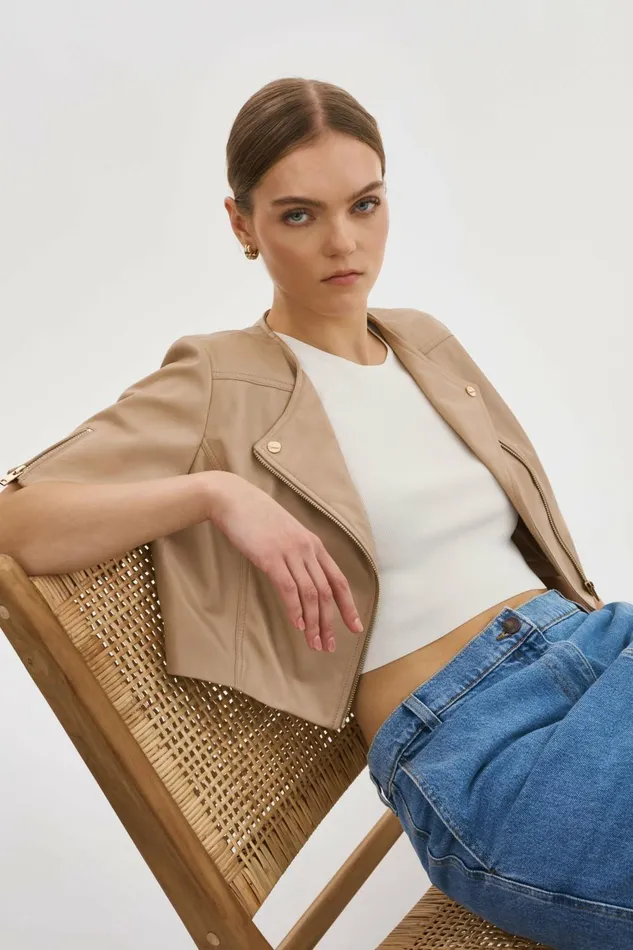Kirsi Gold Cropped Biker Jacket Wheat Women Lamarque LEATHER JACKETS