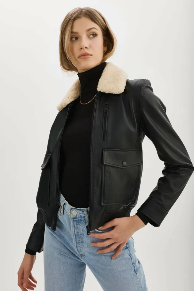 Klemence Leather Aviator Jacket Black Women Lamarque LEATHER JACKETS
