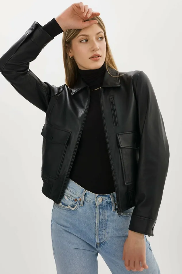 Klemence Leather Aviator Jacket Black Women Lamarque LEATHER JACKETS