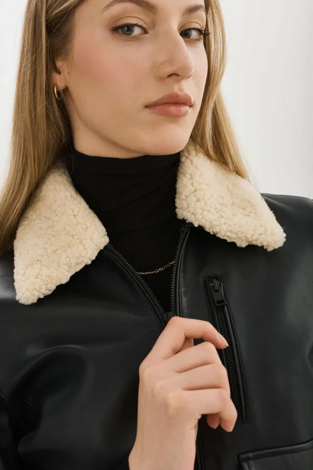 Klemence Leather Aviator Jacket Black Women Lamarque LEATHER JACKETS